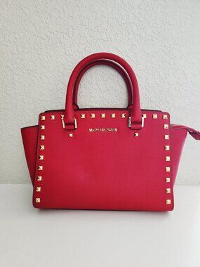 Euc Michael Kors Selma Studded Red Leather Satchel Handbag Purse